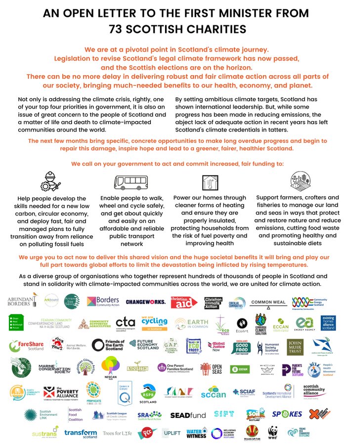 ICYMI - last week we sent an open letter to <a href="/ScotGovFM/">First Minister</a> signed by over 70 organisations. 

📢 We want our leaders to show that Scotland is united for climate action 🌍🌡️

Now that <a href="/ScotParl/">Scottish Parliament</a> has passed legislation to revise Scotland's climate laws, there can be no more delay in