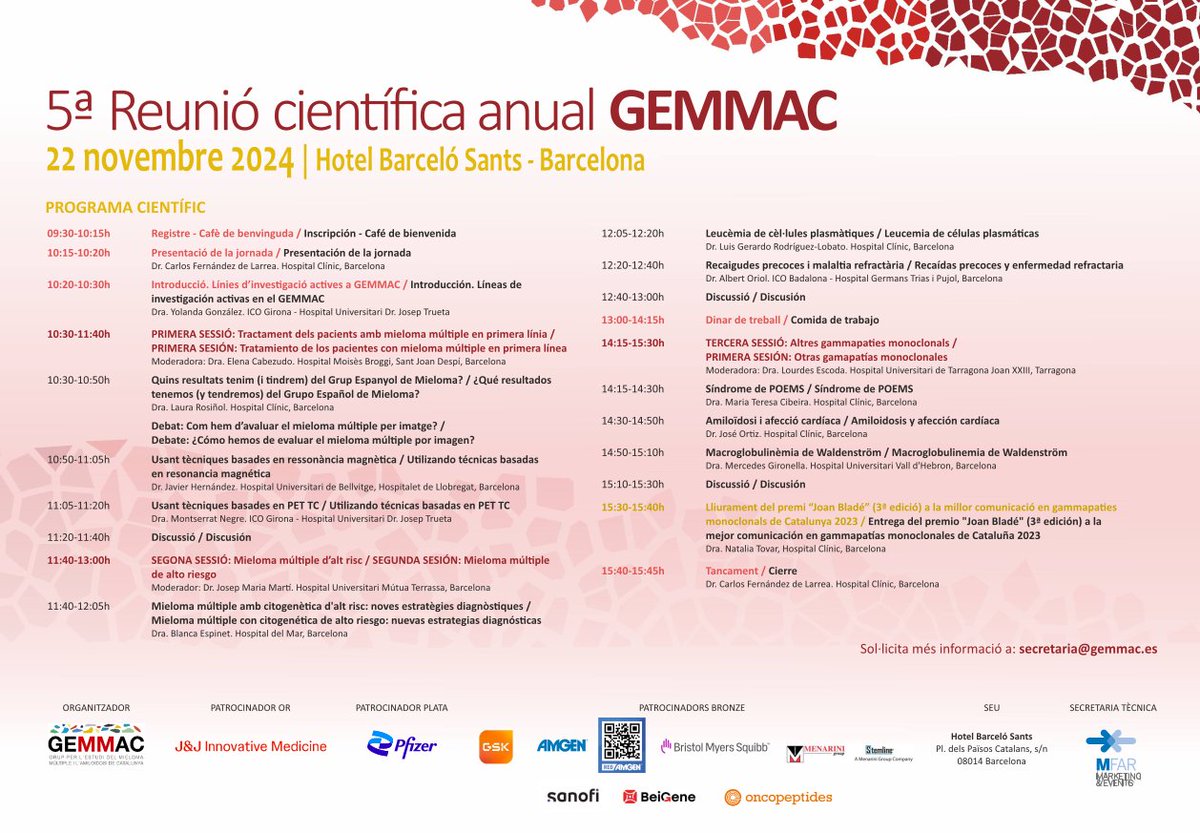 El viernes 22 de noviembre se celebra la V Reunió científica anual GEMMAC en el Hotel Barceló Sants de Barcelona. Os dejamos el programa científico: .drive.google.com/file/d/1GcprbN……
Inscripciones: secretaria@gemmac.org
¡Os esperamos!
<a href="/Cemmp_mieloma/">Comunidad Española Pacientes con Mieloma Múltiple.</a>
<a href="/sehh_es/"><a href="/sehh_es/">@sehh_es</a></a> <a href="/Cemmp_mieloma/">Comunidad Española Pacientes con Mieloma Múltiple.</a> 
@sehh_es