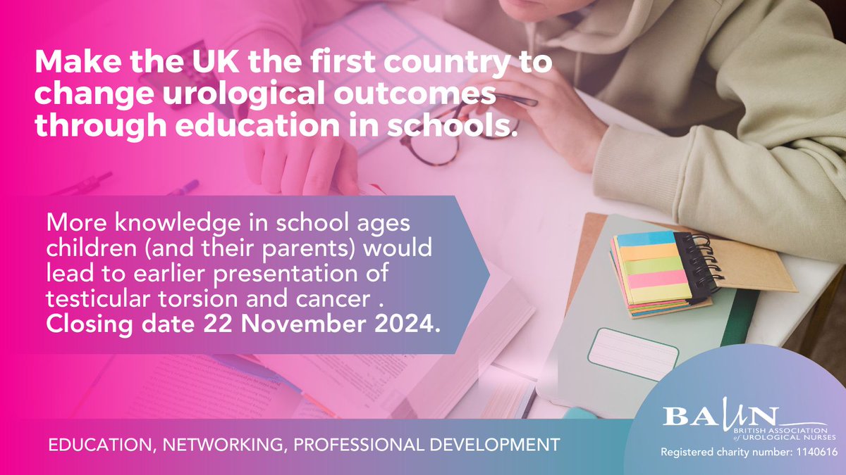 BAUNnurses's tweet photo. Make the UK the first country to change urological outcomes through education in schools. Closing date 22 November 2024. 
 
The government is asking for suggestions of important topics to add to the curriculum 👉 
https://t.co/YISOA6pQUQ https://t.co/9f3a2AGZNO