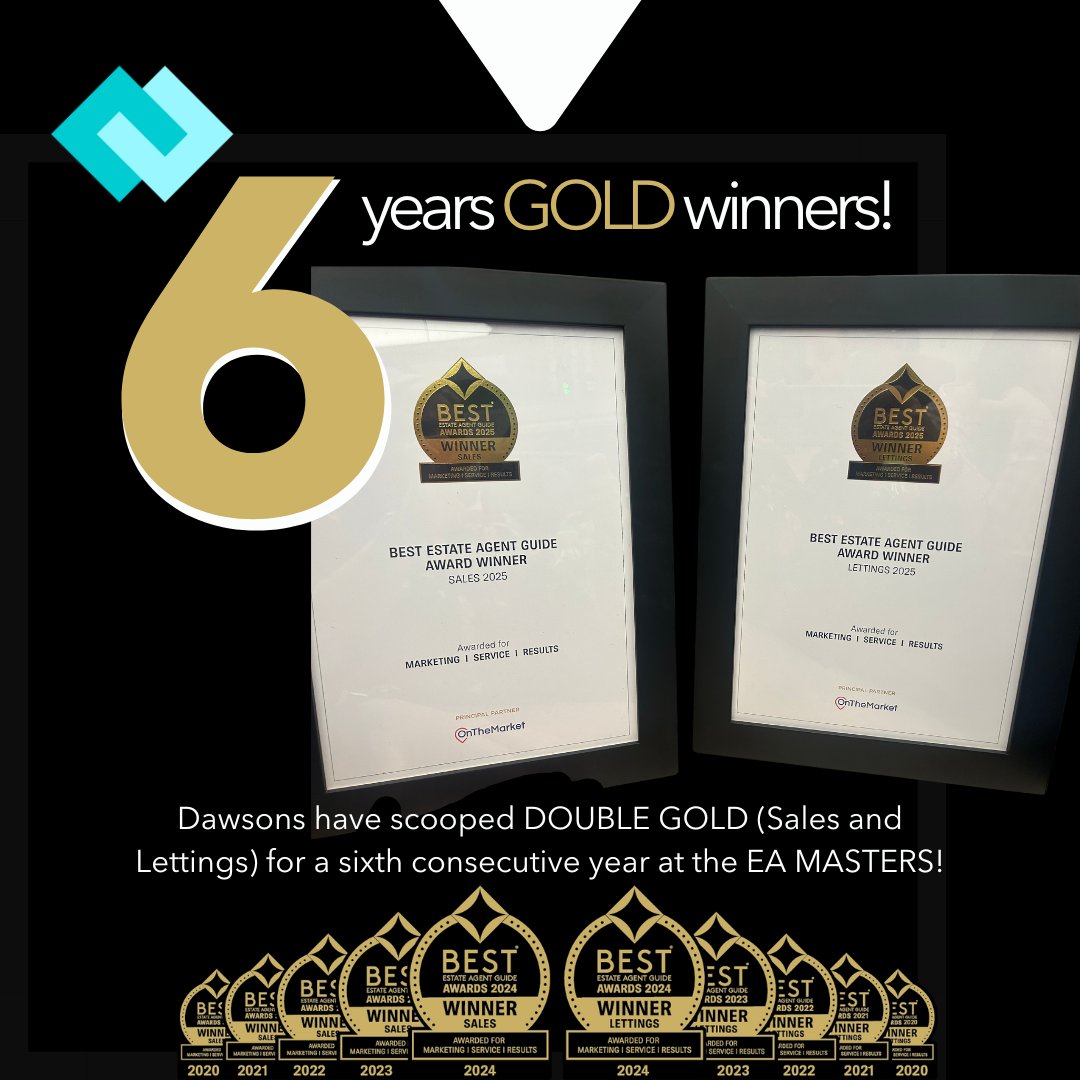DawsonsProperty's tweet image. They say good things come in threes, but we’re doubling down!
We’re thrilled to have achieved #DOUBLEGOLD once again at the @EAMasters_ #BestEstateAgentGuide, for the 6️⃣th consecutive year! 🏠✨

Huge thanks to our incredible team and loyal clients 🎉

#BEAG2025