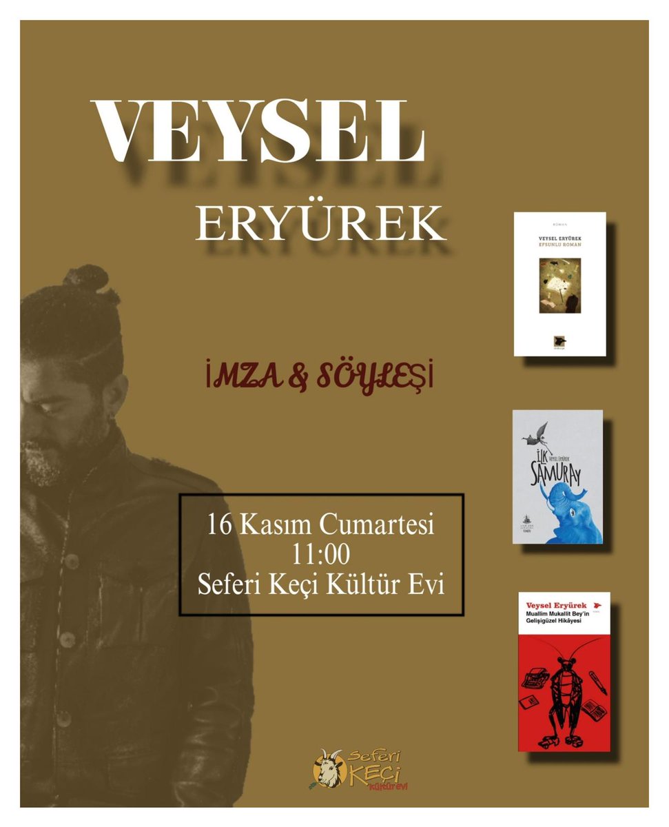SeferiKeci's tweet photo. Veysel Eryürek’in üçüncü kitabı...
Okuduk, yine tadı damağımızda, sözcükleri aklımızda kaldı.
Cumartesi günü buluşuyor, Veysel Eryürek’le “Muallim Mukallit Bey’in Gelişigüzel Hikâyesi”ni, yazmayı, yaşamayı, kendi hikayemizi konuşuyoruz.
Sizi de bekleriz. https://t.co/0NFuzScxeZ