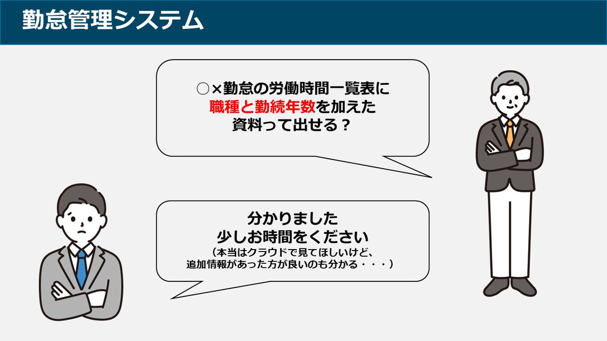 kasane_sr's tweet photo. クラウド勤怠管理システムにおいて、社員の総労働時間や時間外労働時間を一覧で確認できるページがあります。このページに、任意の項目を追加表示できる機能があれば、さらに便利になるのではないかと考えました。

勤怠管理において、上司から「この一覧表に職種や年齢の情報も表示したい」といった要望が出ることは少なくありません。しかし、項目が固定されているシステムですと、一度CSVデータを出力し、従業員番号をキーにエクセルでデータを追加する必要があります。

そこで、勤怠管理システムの一覧ページにて、任意の項目を追加表示できるようになれば、上司も好きな情報をクラウド上でリアルタイムに確認ができ、担当者の加工の手間も省けるのではと考えました。エクセルや紙に戻らずに最後までクラウド上で完結できるため、DX化の効果を実感しやすくもなります。

特に、任意のマスタを自由に持ちやすい統合型の人事労務SaaSと非常に相性が良い機能だと思います。
（既に広く実装されている機能でしたらご容赦ください）
#DX