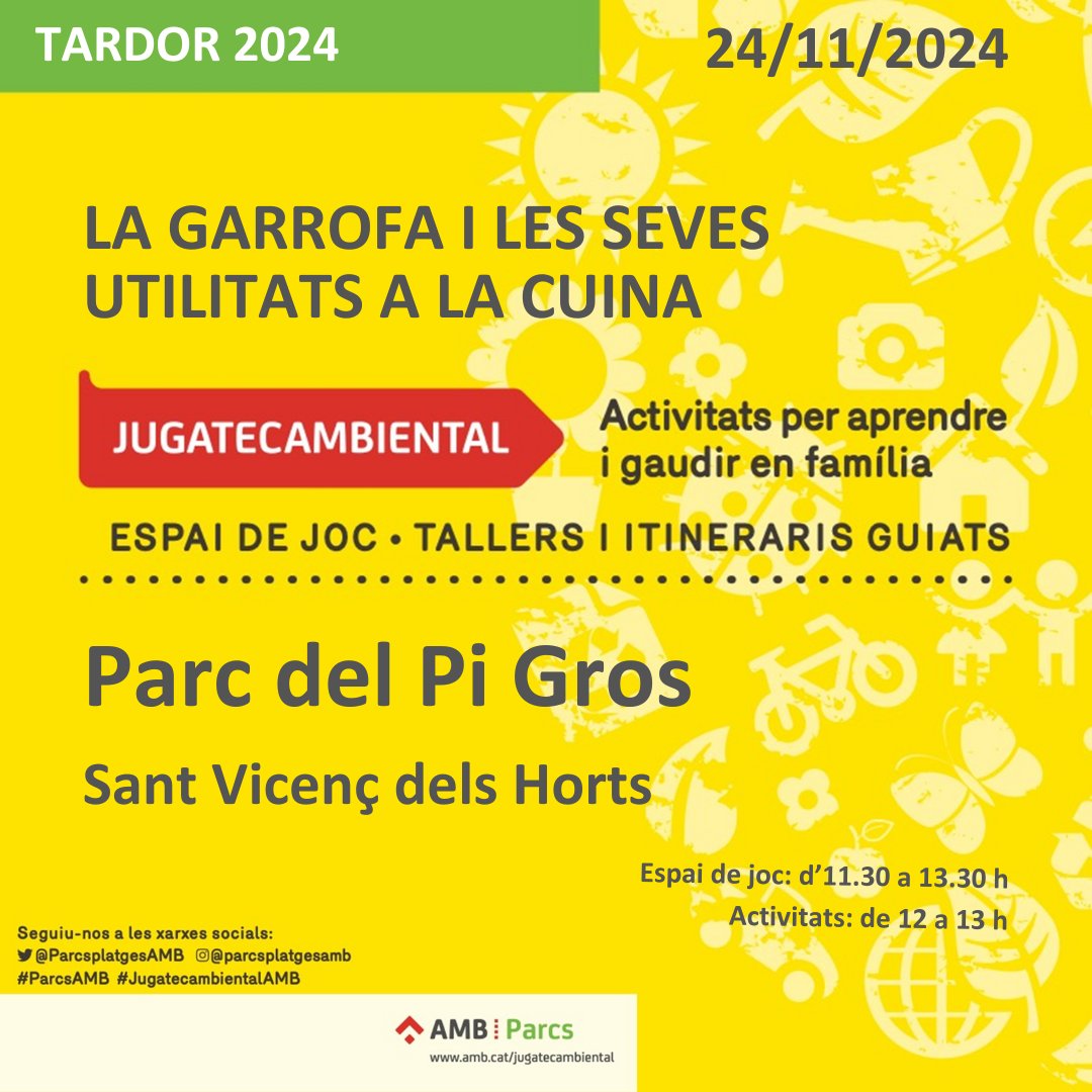 👨‍🍳La garrofa i les utilitats a la cuina

🗓️diumenge 24 de novembre
Espai de joc 11.30 a 13.30 h
Activitats 12 a 13 h

📍Parc del Pi Gros

#ParcsAMB #JugatecambientalAMB #JugatecaPiGros #parcsmetropolitans #parcsplatgesAMB #SantVicençdelsHorts
@parcsplatgesamb @jugatecambientals