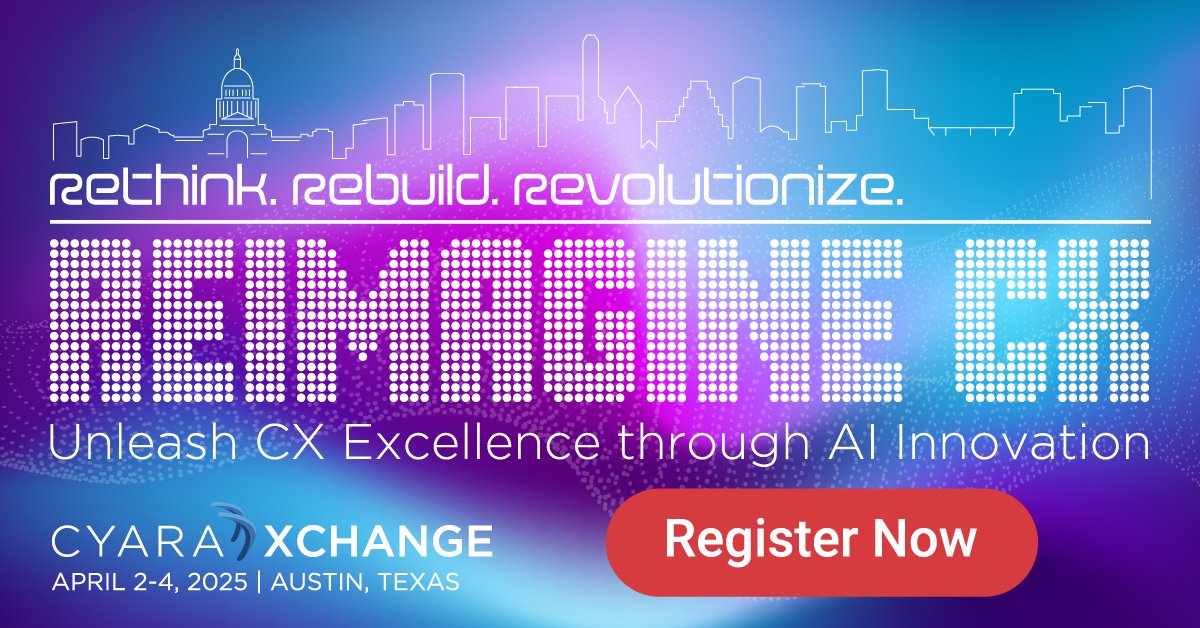 Cyara Xchange 2025 Registration is Open!!

Join us in #Austin, TX, April 2-4, for the leading #event in #CX transformation! 

New for 2025: Certified Professionals Program! 3 exclusive workshops to boost your CX strategy.

 🎟️Early Bird until Dec 31!➡️cyara.com/event/xchange-…