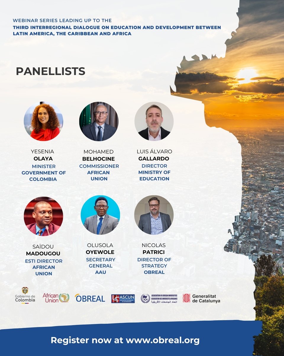 📆 Thursday, November 21st

🕗 8h Colombian time | 16h Ethiopian time

🗣️ With the Minister <a href="/MincienciasCo/">MinCiencias Colombia</a> <a href="/YeseniaOlayaR/">Yesenia Olaya Requene</a>, the Commissioner of the <a href="/_AfricanUnion/">African Union</a> <a href="/he_belhocine/">Prof. Mohammed Belhocine</a> and representatives of <a href="/ViceColombia/">Vicepresidencia Colombia</a>, <a href="/Mineducacion/">MinEducación</a>  <a href="/ascunoficial/">ASCUN</a>, <a href="/AAU_67/">Association of African Universities</a> and <a href="/OBREAL_/">Obreal</a>