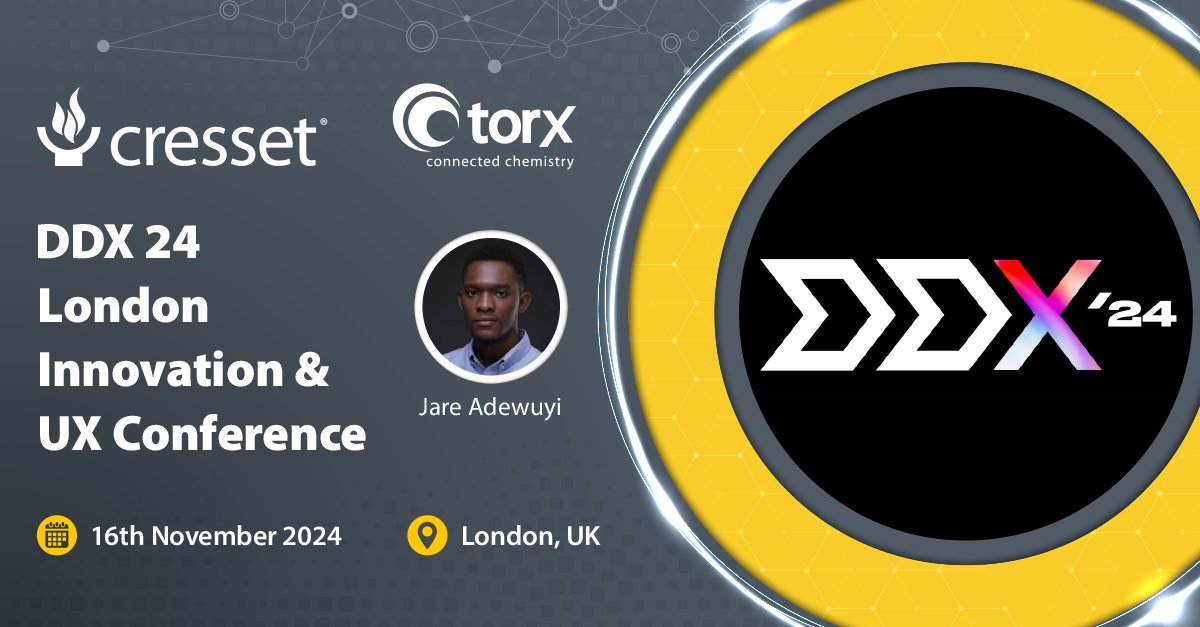 This week, Jare Adewuyi will be attending the DDX London Innovation &amp; UX conference in London. Look out for Jare if you'd like to learn more about how Torx® Software, helps you to make better design decisions and track compound synthesis.

#drugdiscovery #drugdesign #DMTA