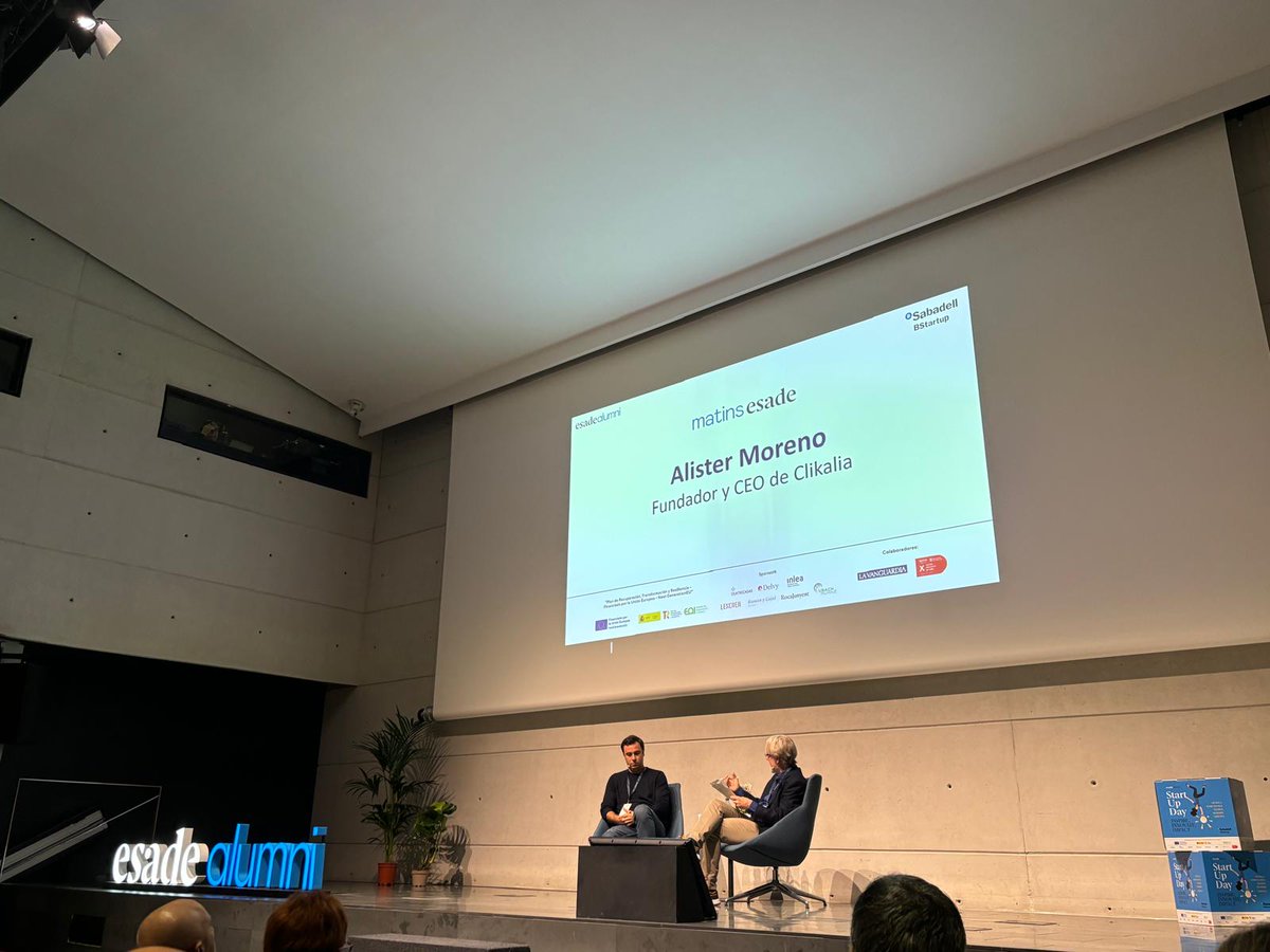 BStartup's tweet photo. Empezando la jornada de hoy con #MatinsEsade escuchando a Alister Moreno, fundador y CEO de #Clikalia. 

"Buscamos ser cantera de diferenciación y líderes, no solo profesionalmente, sino también en valores y compromisos". @ESADEAlumni @BStartup @BancoSabadell https://t.co/nZqOxbNu7r
