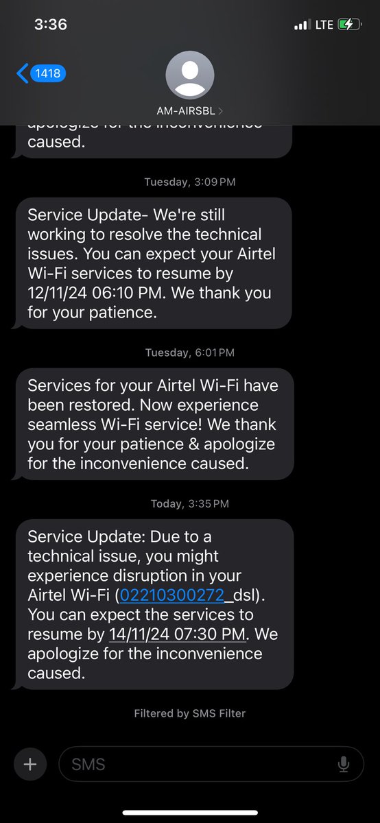 CamayankV's tweet photo. @airtelindia @airtelnews Internet downtime has become a perennial issue. Every alternate day your internet is down. 🫡🫡🫡🫡🫡 https://t.co/g6l1oUWpWY