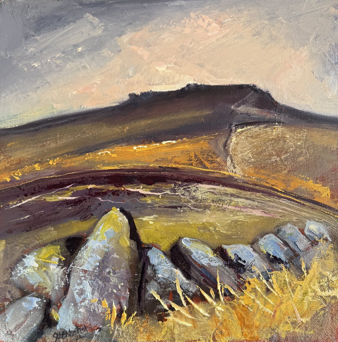 staithesartist's tweet photo. #colours of the #landscape #series A 12x12” #blockcanvas #oils #CarlWark #HathersageMoor #prehistoricembankment https://t.co/k9Iz4k5T6d