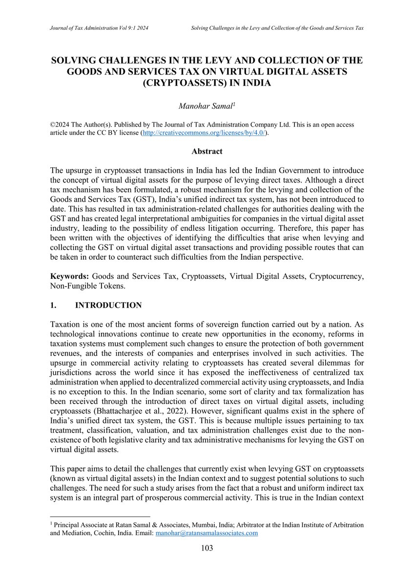 NEW PAPER: "Solving Challenges in the Levy and Collection of the Goods and Services Tax on Virtual Digital Assets (Cryptoassets) in India" by Manohar Samal. Read it, free of charge, on our website: jota.website/jota/article/v… <a href="/KotsogiannisC/">Christos Kotsogiannis</a> <a href="/TARC2013/">TARC</a>