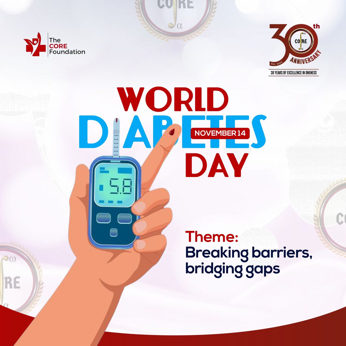 COREFoundation9's tweet photo. World Diabetes Day 2024, themed "Breaking Barriers, Bridging Gaps," highlights the need to overcome obstacles that limit access to diabetes care and bridge the gaps in prevention, treatment, and support. 

#WorldDiabetesDay #WDD2024  #BreakingBarriers  #BridgingGaps https://t.co/pNbimdwig1