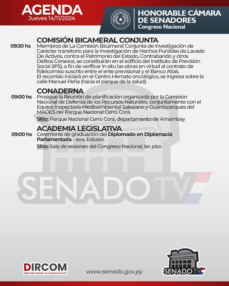 Agenda de la Cámara de Senadores -  Jueves 14/11/2024 🗓️🏛️
Senado TV 📺 
<a href="/CONADERNAPY/">CONADERNA PARAGUAY</a> <a href="/AcademiaHCS/">Academia Legislativa</a>