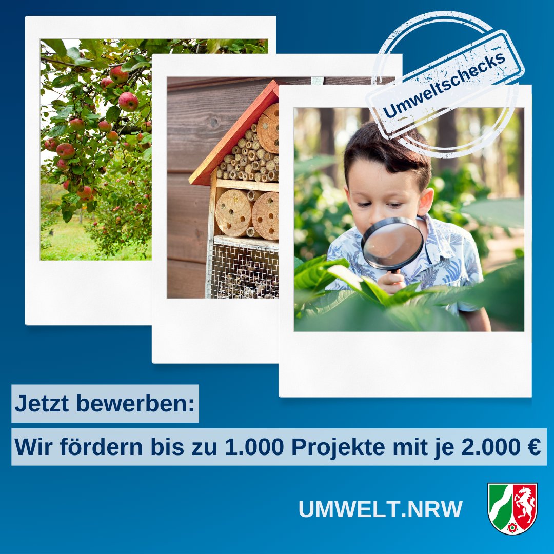 Ob Obstwiese am Vereinsheim oder Insektenhotel auf dem Schulhof - ab sofort unterstützen wir neue Projekte im #Naturschutz mit den unbürokratischen #Umweltschecks. Insgesamt vergeben wir bis zu 1.000 Umweltschecks über je 2.000 €. #wirbewegenNRW
ℹ️👉 umwelt.nrw.de/naturschutz-lo…