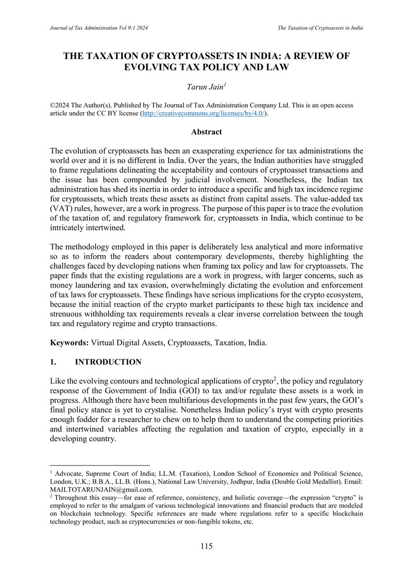 NEW PAPER: "The Taxation of Cryptoassets in India: A Review of Evolving Tax Policy and Law" by Tarun Jain. Read it, free of charge, on our website: jota.website/jota/article/v… <a href="/KotsogiannisC/">Christos Kotsogiannis</a> <a href="/TARC2013/">TARC</a>