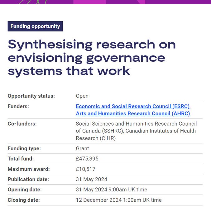 Screen shot of funding opportunity page, with key information below.
Title of opportunity: Synthesising research on envisioning governance systems that work
Opportunity status: Open
Funders: Economic and Social Research Council (ESRC), Arts and Humanities Research Council (AHRC)
Co-funders: Social Sciences and Humanities Research Council of Canada (SSHRC), Canadian Institutes of Health Research (CIHR)
Funding type: Grant
Total fund: £475,395
Maximum award: £10,517
Publication date: 31 May 2024
Opening date: 31 May 2024 9:00am UK time
Closing date: 12 December 2024 1:00am UK time