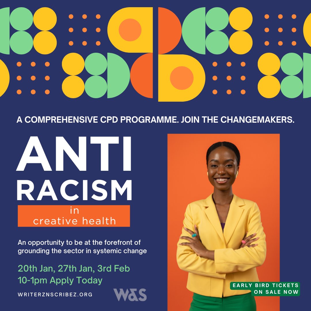 The National Centre for Creative Health (@thencch) on Twitter photo Don’t miss this opportunity to join <a href="/WriterZnScribeZ/">@writerznscribez</a> for a CPD-certified programme <a href="/battersea_arts/">BatterseaArtsCentre</a>, led by expert Black practitioners. Practical skills & insights to make anti-racism a cornerstone of your creative health work. 10-1pm, 20 & 27 Jan & 3 Feb
writerznscribez.org/shop/p/anti-ra… Don’t miss this opportunity to join <a href="/WriterZnScribeZ/">@writerznscribez</a> for a CPD-certified programme <a href="/battersea_arts/">BatterseaArtsCentre</a>, led by expert Black practitioners. Practical skills & insights to make anti-racism a cornerstone of your creative health work. 10-1pm, 20 & 27 Jan & 3 Feb
writerznscribez.org/shop/p/anti-ra…