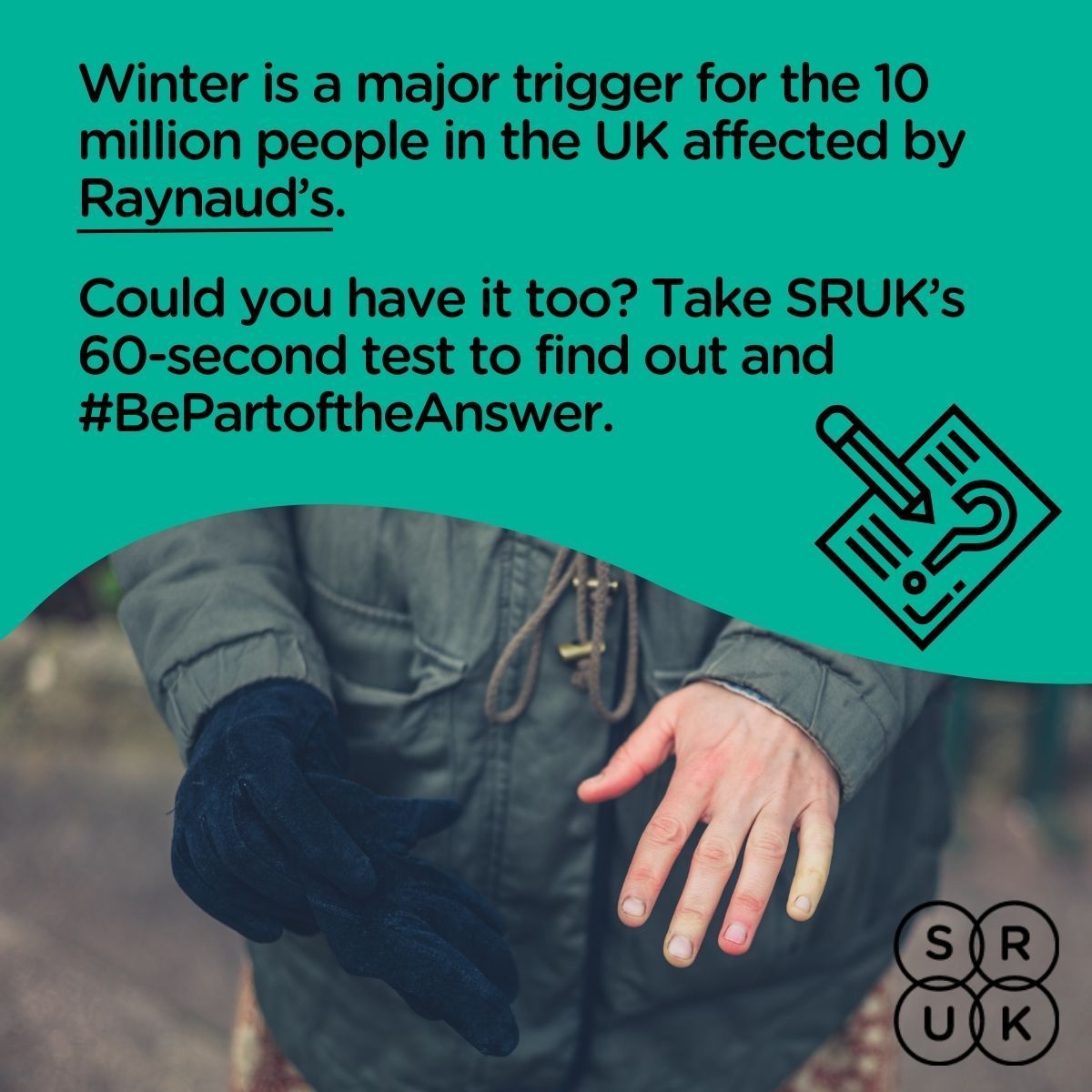 UKCPA's tweet photo. Spare 60 secs to take @WeAreSRUK's online Raynaud's symptom test. 
See if you could have Raynaud's and #BePartOfTheAnswer in helping unlock potential 
breakthroughs in diagnosis and treatment for debilitating autoimmune conditions like 
scleroderma. 
https://t.co/h8fWp3UxHL https://t.co/40Py83lGf7