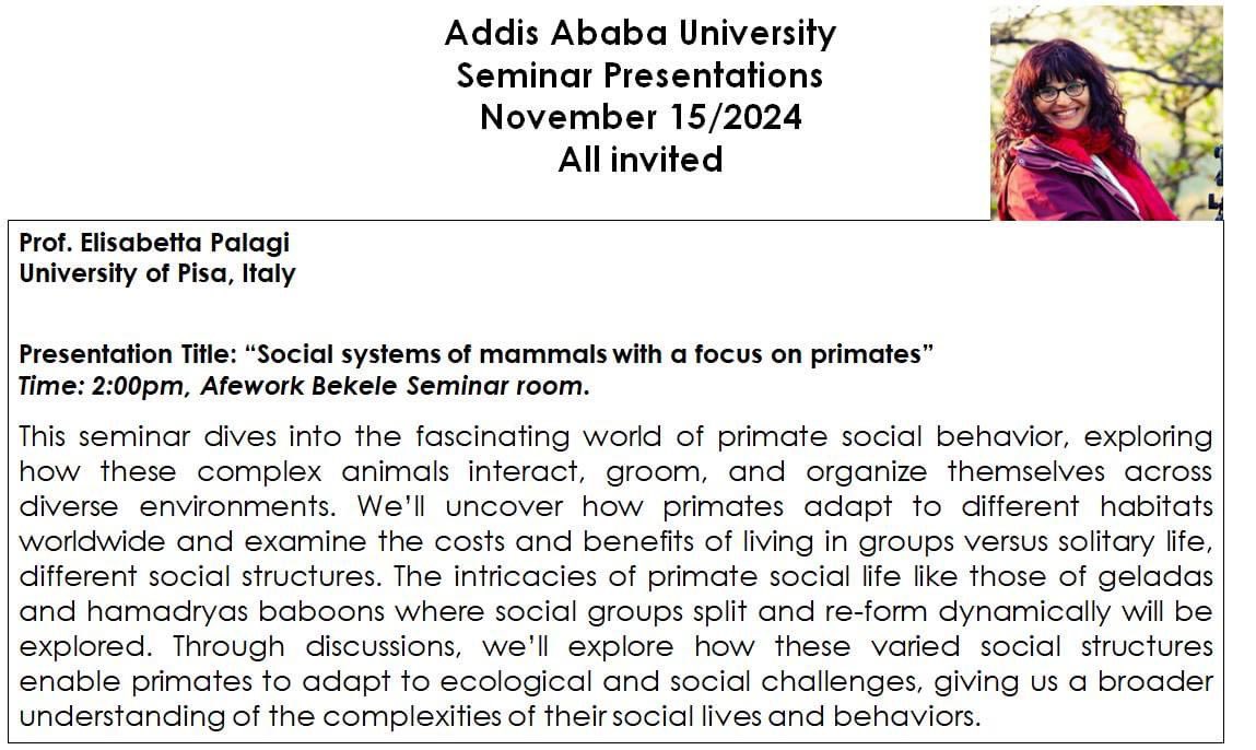 Geladas_for_Cooperation (@geladas_bridges) on Twitter photo Just the time to arrive in Ethiopia and tomorrow our project PI @bettapalagi will give a seminar at the Addis Ababa University about primate sociality 🐒
<a href="/Dip_Bio_Unipi/">Dipartimento di Biologia - UniPisa</a>
<a href="/TheLeakeyFndtn/">The Leakey Foundation</a> Just the time to arrive in Ethiopia and tomorrow our project PI @bettapalagi will give a seminar at the Addis Ababa University about primate sociality 🐒
<a href="/Dip_Bio_Unipi/">Dipartimento di Biologia - UniPisa</a>
<a href="/TheLeakeyFndtn/">The Leakey Foundation</a>