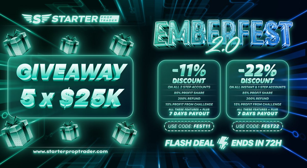💎 Starter Prop Trader Emberfest Giveaway! 💎

Get up to 22% off, 85% Lifetime Payout, 200% Refund, 15% Profit Share, and Weekly Payouts!

💎 Register at: bit.ly/4eLv8Nl and get $25 off
💎 Follow: @starter_prop
💎 Like &amp; Repost
💎 Tag 3 friends

🗓️ Ends on November 29th