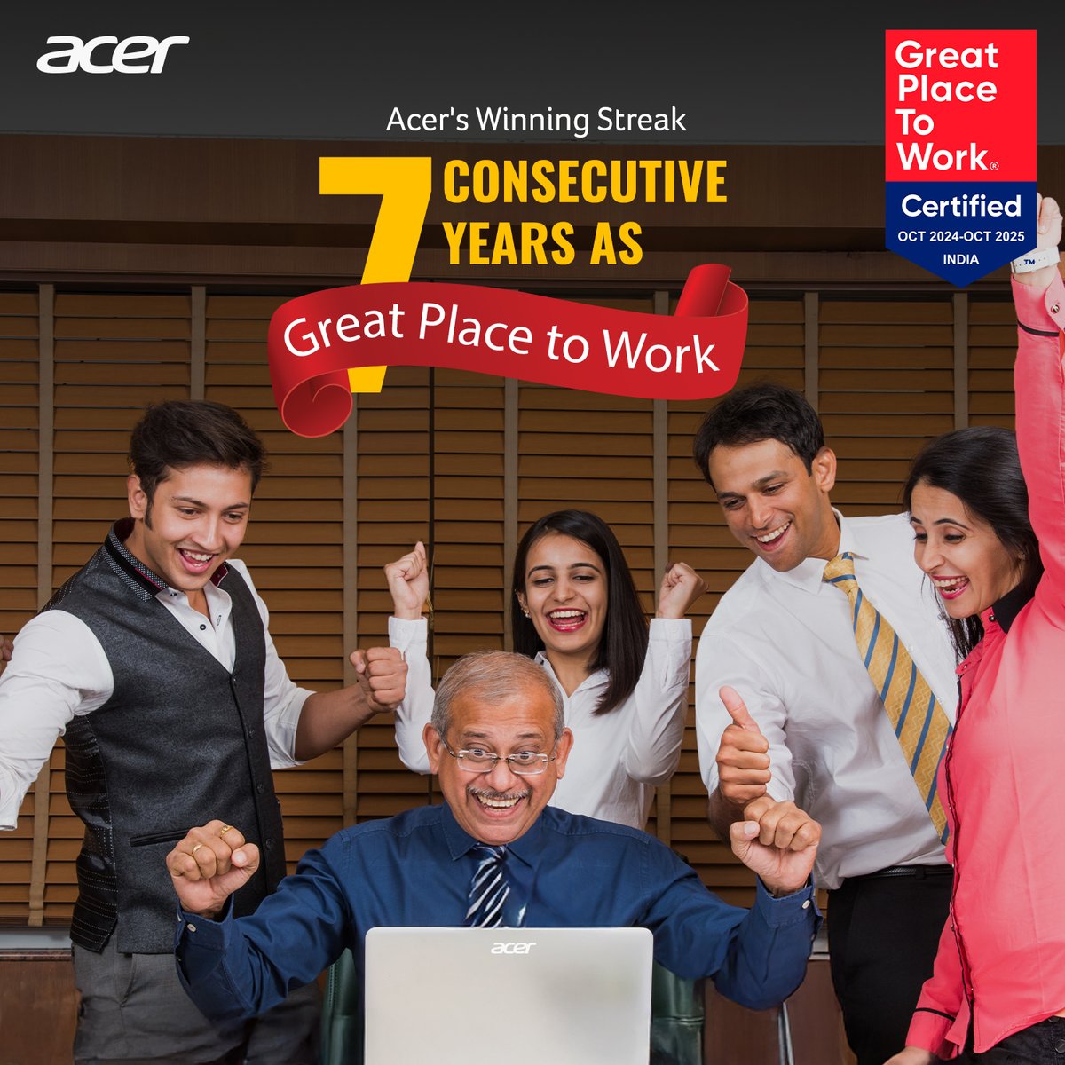 Seven years running! Proud to be certified by <a href="/GPTW_India/">Great Place To Work India</a> once again. Here's to our amazing team who makes Acer an incredible workplace every single day. 

#AcerLife #GreatPlaceToWork #WorkplaceCulture