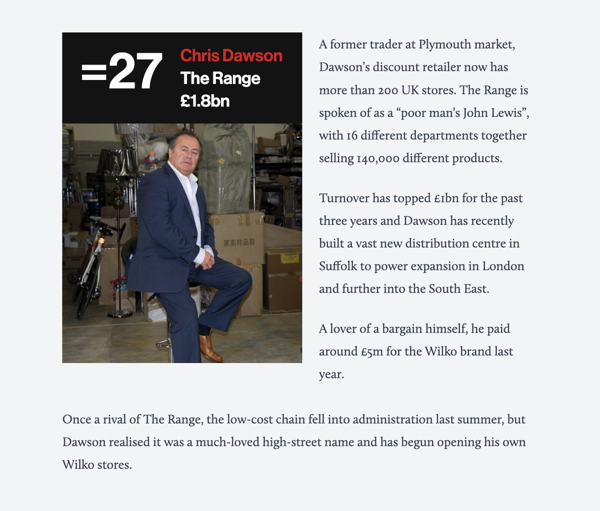 Graham Ruddick (@grahamtruddick) on Twitter photo Chris Dawson, the founder of discount chain The Range, is in talks to buy Homebase shops
Dawson is 27th on <a href="/businessleader/">Business Leader</a> list of the billion-pound founders - the people who have built businesses in the UK worth more than ÂŁ1 billion Chris Dawson, the founder of discount chain The Range, is in talks to buy Homebase shops
Dawson is 27th on <a href="/businessleader/">Business Leader</a> list of the billion-pound founders - the people who have built businesses in the UK worth more than ÂŁ1 billion