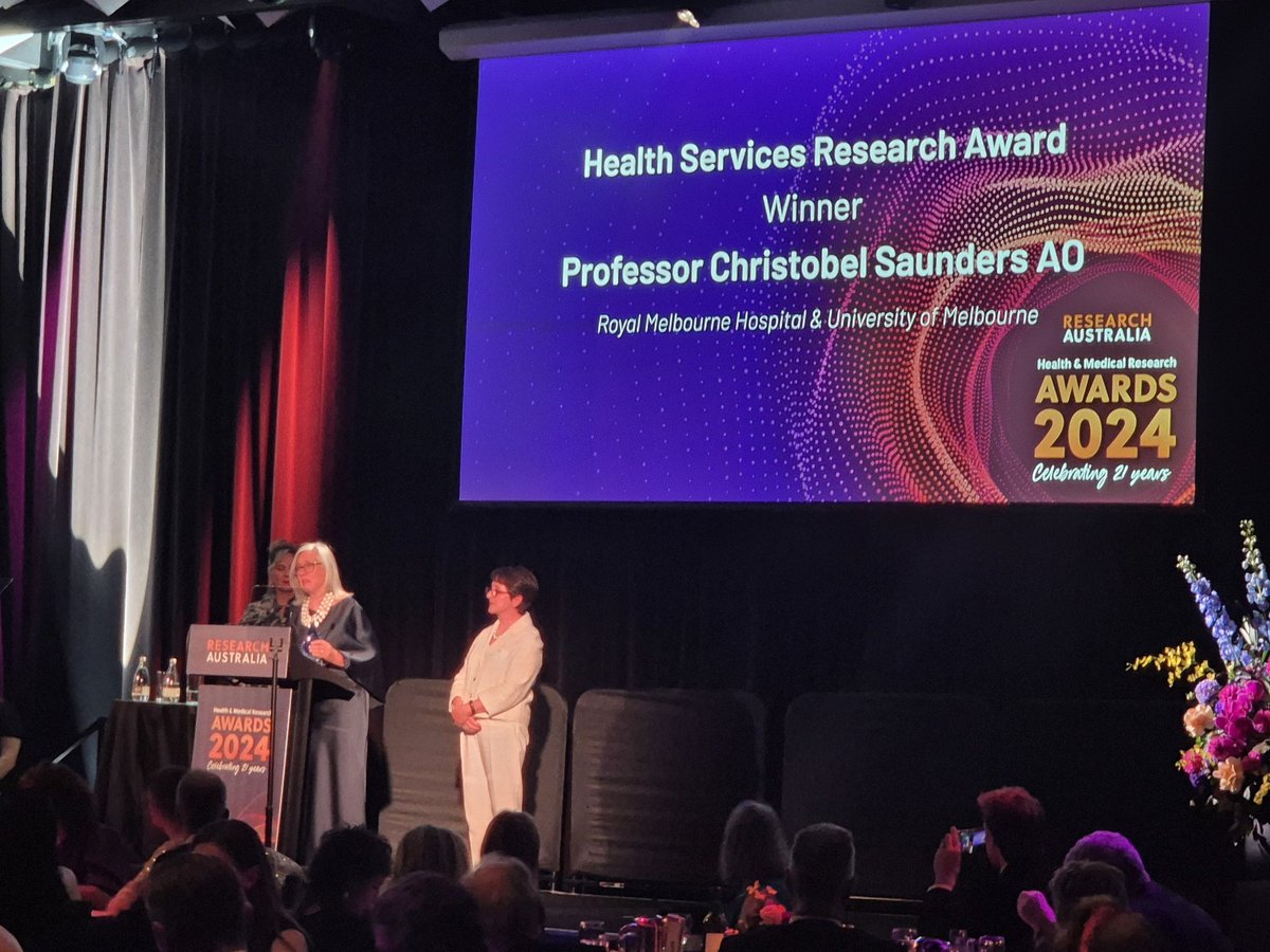 Research Australia (@resaustralia) on Twitter photo The winner of the Health Services Research Award goes to Professor Christobel Saunders AO for her outstanding work amd dedication to breast cancer.
#ResAusAwards
<a href="/UniMelb/">University of Melbourne</a> The winner of the Health Services Research Award goes to Professor Christobel Saunders AO for her outstanding work amd dedication to breast cancer.
#ResAusAwards
<a href="/UniMelb/">University of Melbourne</a>