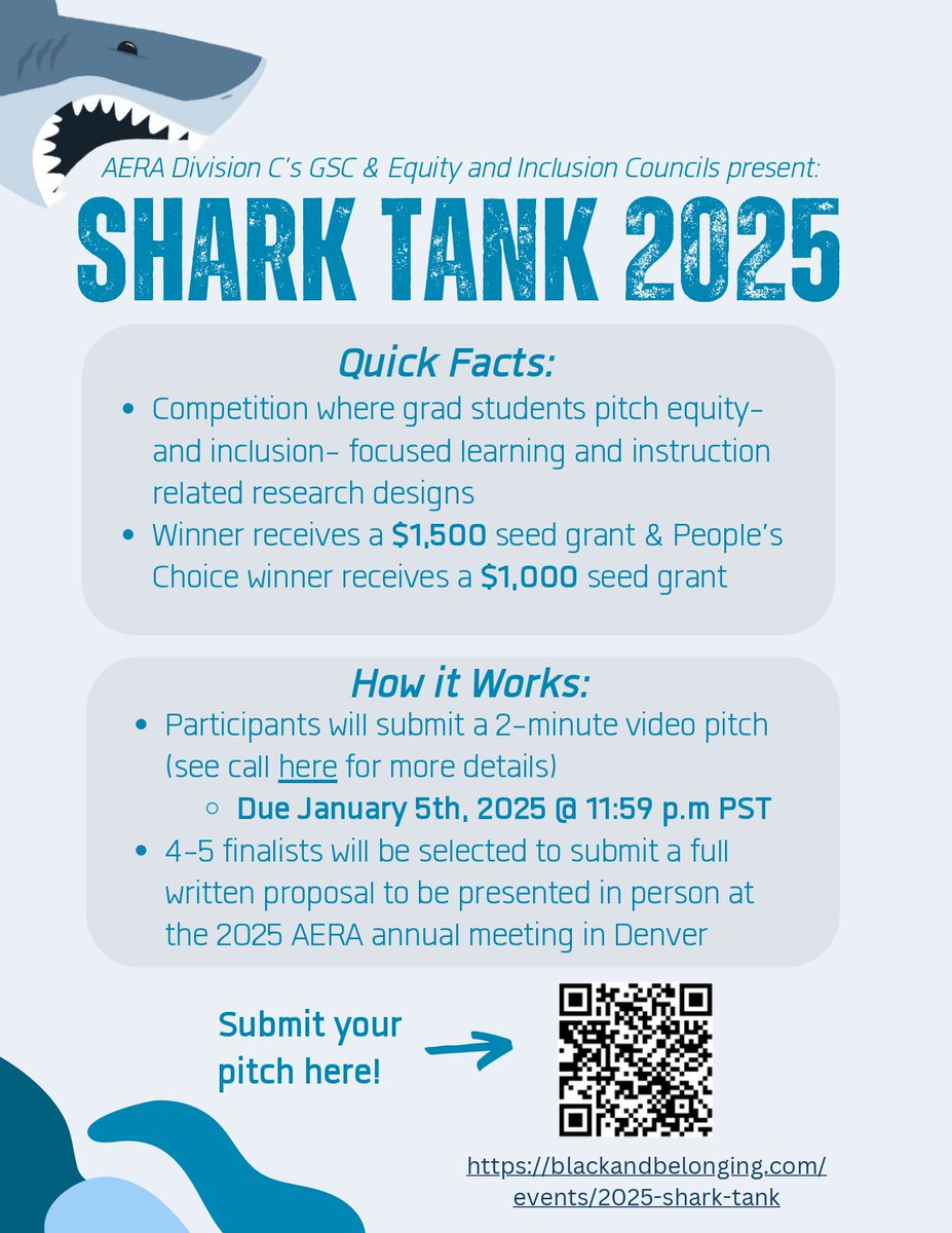 🚀 Shark Tank 2025 is live! Pitch your equity &amp; inclusion ideas for a shot at $1,500! Submit a 2-min video by Jan 5. Finalists present at #AERA25 in Denver!

Details 👉 tinyurl.com/SharkTank25CALL

#SharkTank2025 #EquityInEd