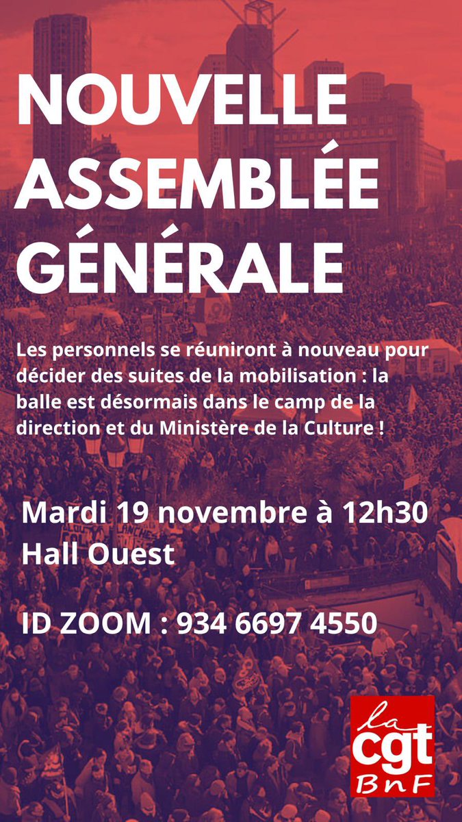 🛑✊ EMPLOIS, BUDGETS, PRÉCARITÉ, PRIMES 

Après la journée de grève du 12 novembre à la BnF : nouvelle assemblée générale ce mardi 19 novembre à 12h30 dans le hall Ouest !