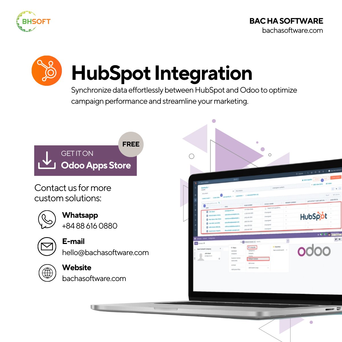 BacHaSoftware's tweet photo. 🚀 🚀 Streamline your #Odoo system with our free #HubSpot integration module! Sync data, manage emails, enhance marketing, all tailored for SMEs. 
🛠️ Need experts in #OdooCustomization? We’re here to boost your marketing and outcomes.
🔗 Grab yours: https://t.co/YjVQmW1P9b https://t.co/ujv4Viy0HG