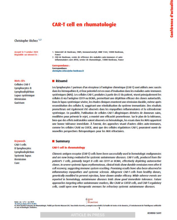 RESO Bordeaux (@resobordeaux) on Twitter photo Le Pr Richez (<a href="/crichez33/">Christophe Richez</a>) de <a href="/RESOBordeaux/">RESO Bordeaux</a> explore dans la Revue du Rhumatisme l'usage des cellules CAR-T, une nouvelle voie thérapeutique pour le lupus, les myopathies inflammatoires et la sclérodermie ?
👉reso-bordeaux.fr/car-t-cell-en-…
#autoimmune #therapie #sante #rhumatologie Le Pr Richez (<a href="/crichez33/">Christophe Richez</a>) de <a href="/RESOBordeaux/">RESO Bordeaux</a> explore dans la Revue du Rhumatisme l'usage des cellules CAR-T, une nouvelle voie thérapeutique pour le lupus, les myopathies inflammatoires et la sclérodermie ?
👉reso-bordeaux.fr/car-t-cell-en-…
#autoimmune #therapie #sante #rhumatologie