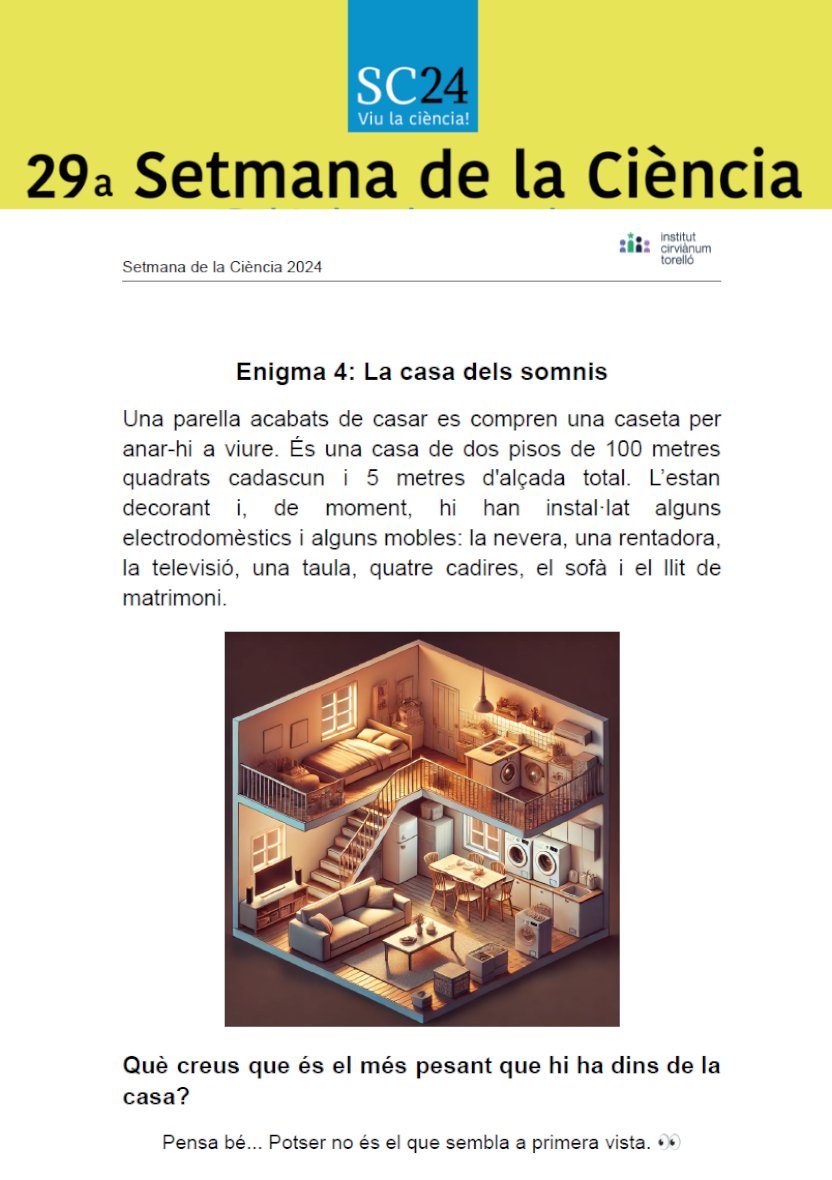 ⏩⏩Setmana de la Ciència◀️◀️

Cada dia de la setmana es proposarà un enigma a resoldre, podeu enviar les vostres respostes a 
👉setmanaciencia@cirvianum.cat
👆
PARTICIPA!!! Hi haurà PREMI pel guanyador!!!

La solució del enigma d'ahir a agora.xtec.cat/iescirvianum/