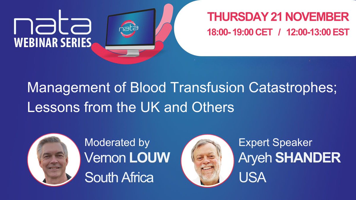📢NATA WEBINAR 
🗓️ Thurs 21 Nov - 18:00 CET
🔗nataonline.com
- What are blood #transfusion catastrophes?
- The anatomy of a blood transfusion catastrophe
- "The canary in the coal mine" - who surfaces first
- How to mitigate blood transfusion catastrophes

#PBM #Shander