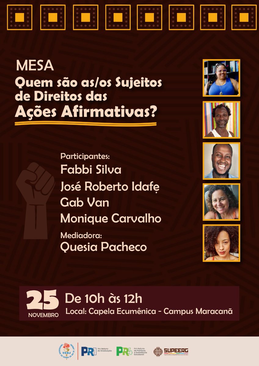 A UERJ convida toda a comunidade Uerj para participar da mesa de debates "Quem são as/os sujeitos de direitos das ações afirmativas?" em celebração ao Mês da Consciência Negra.