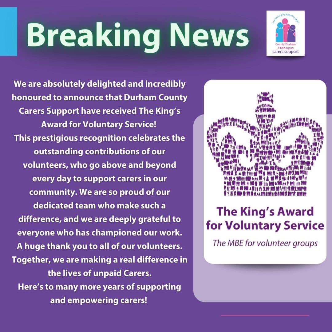 Delighted to share the amazing news that our key partner <a href="/dccarers/">Durham County Carers</a>  have been awarded the King's Award for Voluntary Service. #KAVS2024