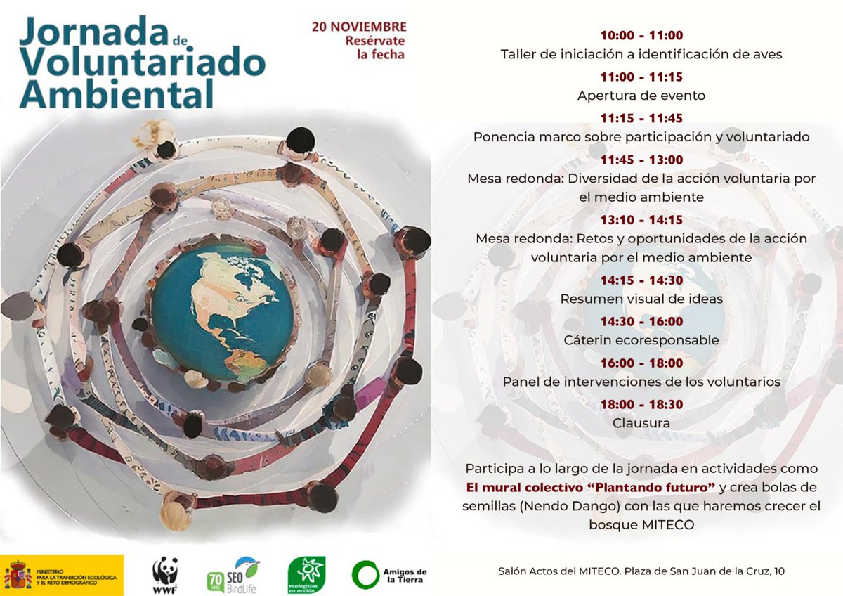 📅 ¡Anota la fecha! Este próximo 20/11 desarrollamos junto a <a href="/WWFespana/">WWF España 🐼</a> <a href="/SEO_BirdLife/">SEO/BirdLife</a> <a href="/ecologistas/">Ecologistas en Acción</a> y el <a href="/mitecogob/">Transición Ecológica y Reto Demográfico</a> una jornada para compartir y reflexionar sobre el papel del voluntariado y la participación ambiental🌍
tierra.org/agenda/jornada…