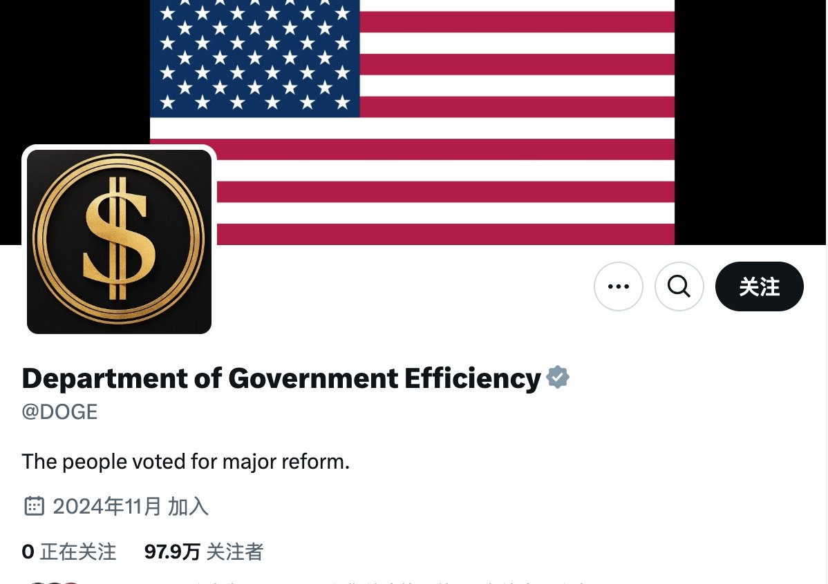 💡马斯克领导的政府效率部（DOGE）官方X账号已上线据相关页面信息，由马斯克和Vivek Ramaswamy 领导的政府效率部（DOGE）官方X  账号已上线。该账号的