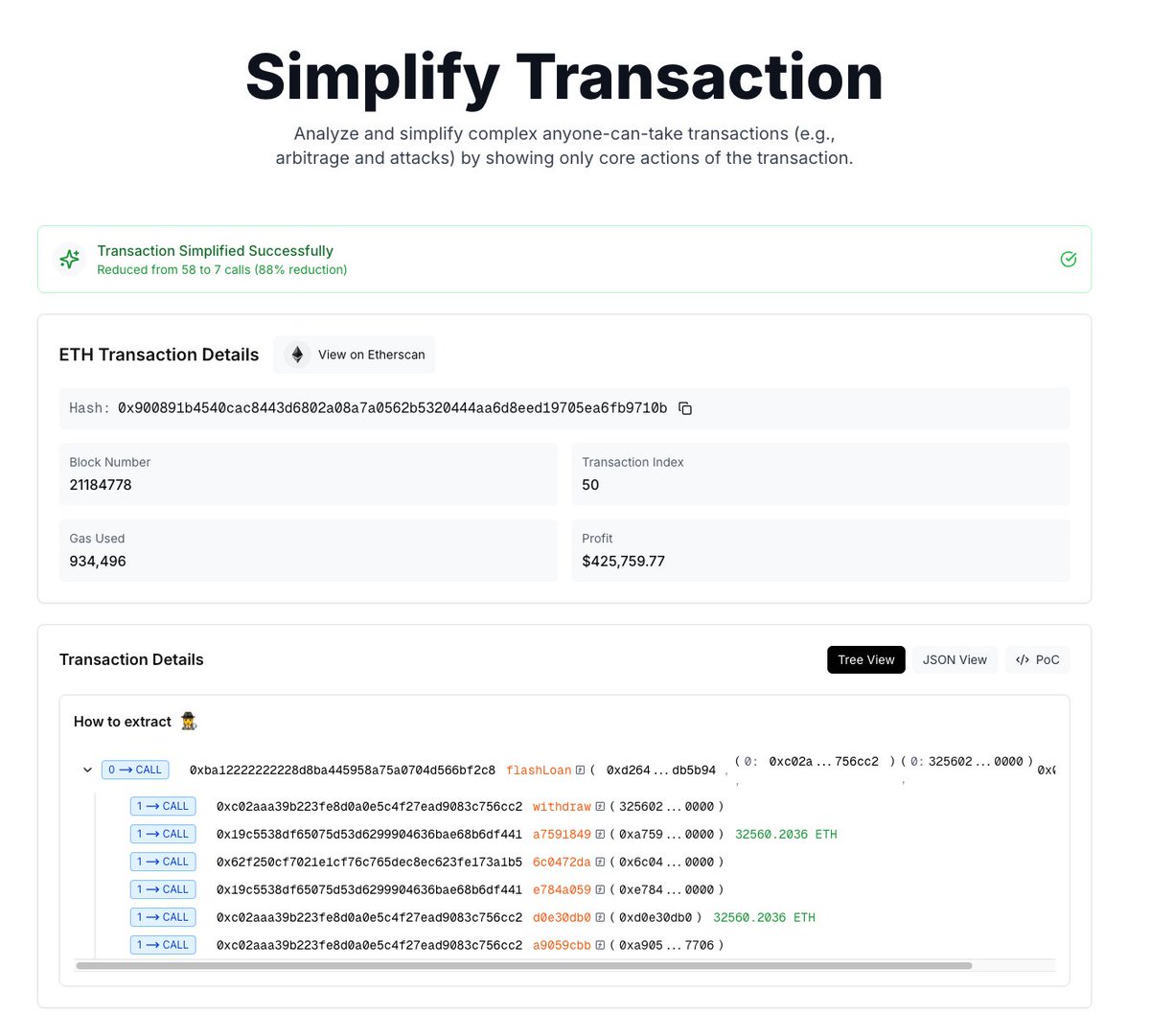 ⚠️ New Ethereum attack alert:

Contract 0x62f250cf7021e1cf76c765dec8ec623fe173a1b5 allows anyone to add liquidity to veth/vtoken pool via the 0x6c0472da function with the money borrowed from takeLoan function.

Our analysis tool has discovered and simplified (by 88%!) the