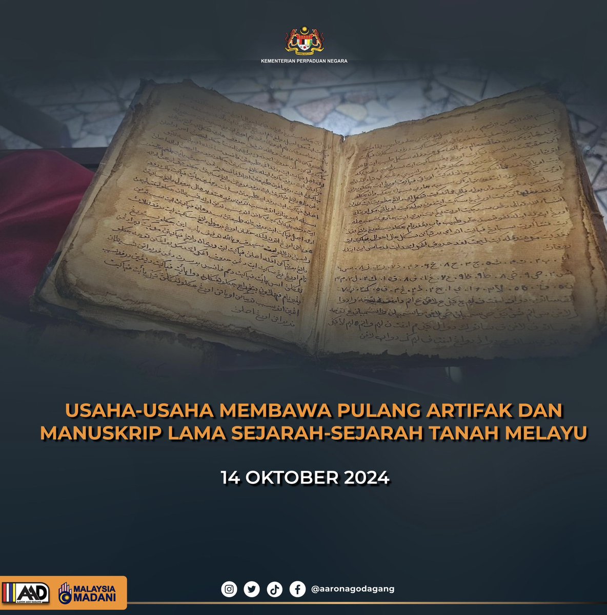 AaronAgoDagang's tweet image. Usaha-usaha untuk membawa pulang artifak dan manuskrip lama yang berkaitan sejarah Tanah Melayu yang dijarah di zaman penjajahan Portugis, Belanda dan Inggeris yang disimpan di luar negara sememangnya telah dan sedang dilaksanakan oleh Kementerian Perpaduan Negara menerusi…