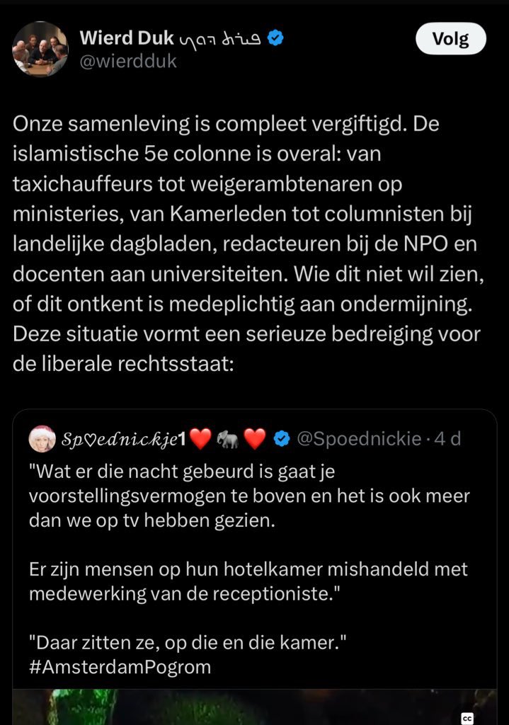 Mensen proberen de woorden van Duk te nuanceren, maar het gaat niet alleen om dit fragment of om Nadia of mij. Hij maakt zelfs Kamerleden verdacht als 5e colonne. Noemt heel lafjes geen namen en heeft geen concrete onderbouwing, maar gooit bommetjes op en kijkt vervolgens toe hoe