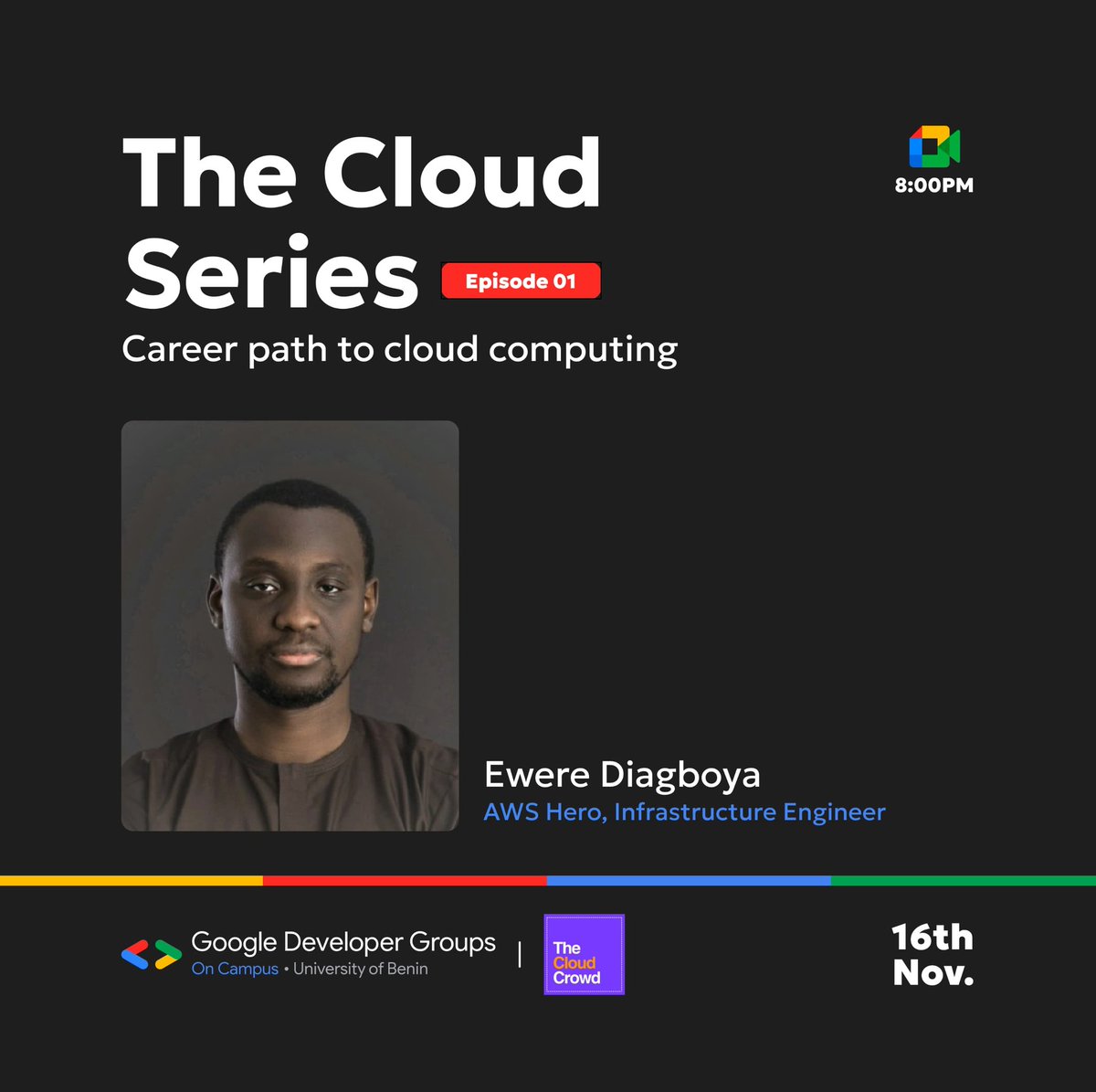 gdgoc_uniben's tweet photo. Cloud November is here!☁️.. 
We are excited to introduce to you the first episode of our webinar series on Cloud Computing with an AWS expert @nimboya ....
We'd be delving into Career Paths in cloud computing on the 16th Nov @ google meet..

Don't snooze on this 💃 https://t.co/liRQKtnaV4