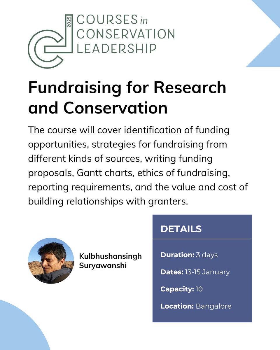 Get better at fundraising for research and conservation! In this course, conducted in a workshop mode, we will facilitate knowledge and experience sharing with the aim of improving fundraising skills. To apply and for more details: ncf-india.org/conservation-l…