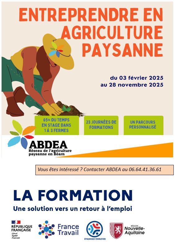 lasserre_michel's tweet photo. #EnFormation #AvecFranceTravail
👩🌾 Vous avez un projet d'installation en Béarn ?
La formation Entreprendre en Agriculture Paysanne revient en 2025 avec le réseau #ABDEA_Béarn
🔎 Infos et inscription ici > https://t.co/fcKxYPeYJc
#DynamiqueFormation #Agriculture #Entreprendre https://t.co/NTasFpEzdT