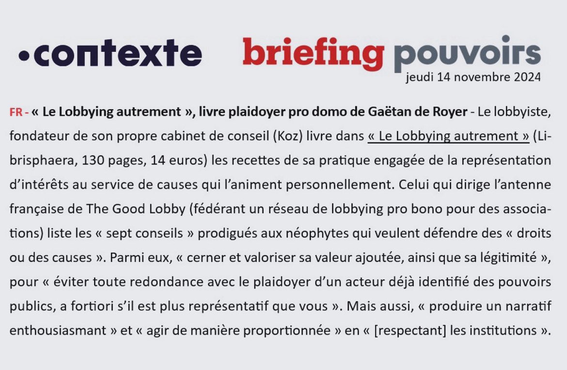📚LIBRISPHAERA MAISON ÉDITION
🟦 ON EN PARLE DANS LA PRESSE - Contexte « L’info politique dont les professionnels on besoin ». 
<a href="/ContexteMedias/">Contexte Médias</a> 

LE LOBBYING AUTREMENT de notre auteur 🖌️ <a href="/Gaetanderoyer/">Gaëtan de Royer</a> 

🔀 Sur commande LIBRAIRIES et iBOUTIQUE👇🏼
lamanufacturelibrisphaera.com/store/products…