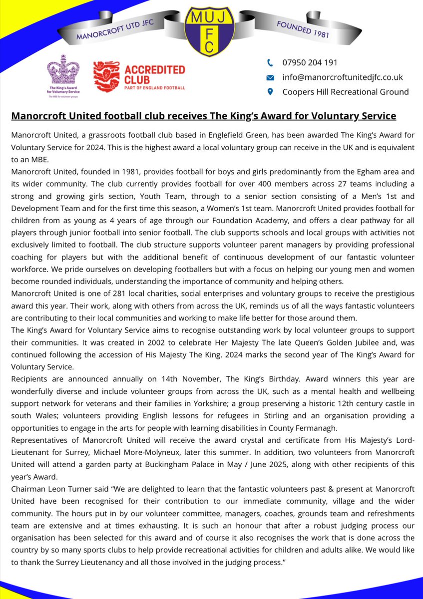 MUJFC_Official's tweet photo. 🚨Announcement🚨
We are honoured to announce that the Club has been awarded The Kings Award for Voluntary Service. 
What an amazing achievement and rightful recognition for the hard work and hours our volunteers give each day, week, month &amp; year. 

#KAVS2024 @DCMS @KingsAwardVS https://t.co/pRDP4FoGfy