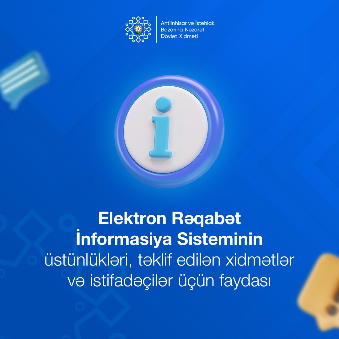 antiinhisar's tweet image. Elektron Rəqabət İnformasiya Sisteminin üstünlükləri, təklif edilən xidmətlər və istifadəçilər üçün faydası nədən ibarətdir? 

Ətraflı - bit.ly/3UUCzuf

#CompetitionGovAz #ERİS