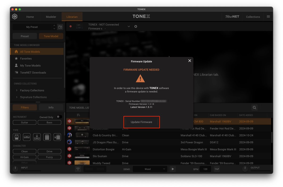 TONEX Pedal、TONEX ONEファームウェアのアップデート - 9V電源を接続