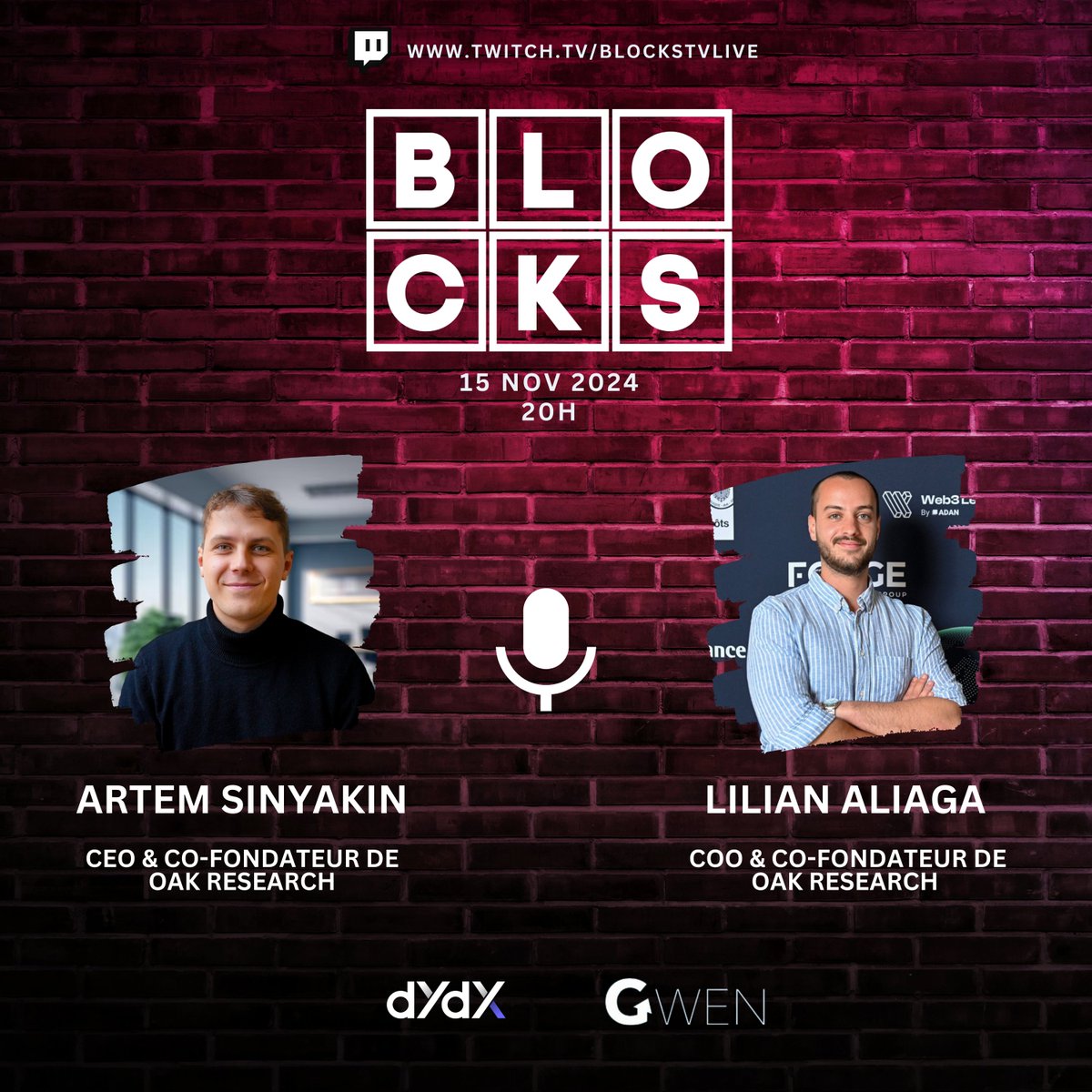 🚀 Ce soir c'est BLOCKS !🚀

🎙️Nos invités: 
 <a href="/Artem_Oak/">Artem Oak</a> (CEO) et <a href="/LilianAliaga_/">Lilian</a> (COO) d'<a href="/OAK_Res/">OAK Research</a>  :

Plateforme d’analyse pour décrypter les grandes tendances crypto 🔍
Rapports de recherche, insights stratégiques et innovations clés du marché 📊

🕰️RDV ce soir à 20h en live