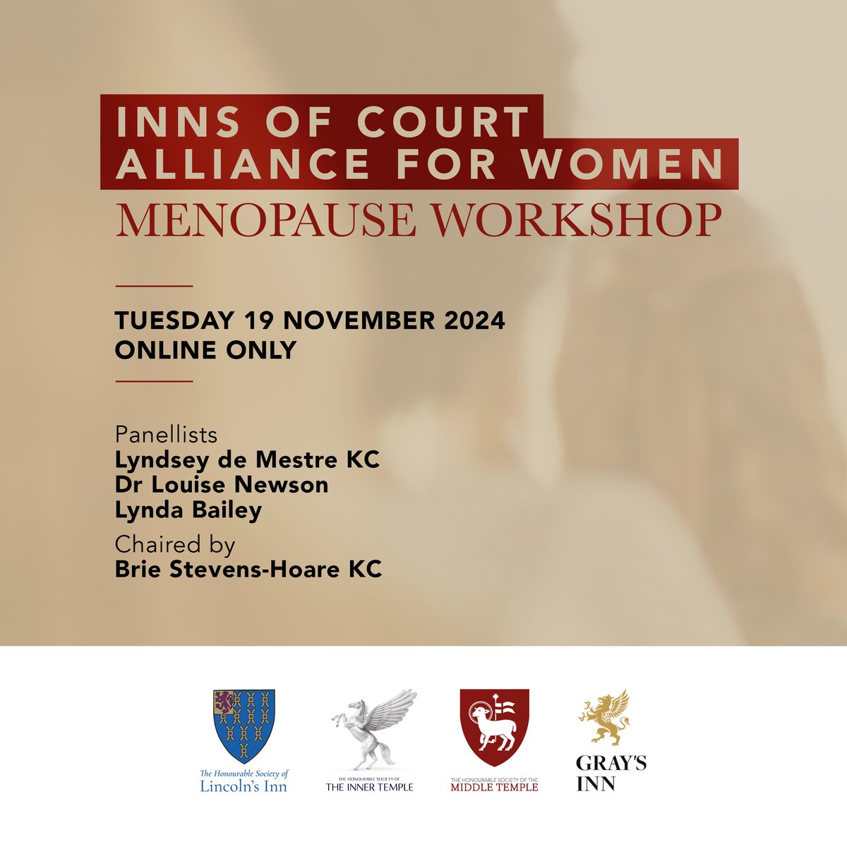 The Inns of Court Alliance for Women (@icaw_22) on Twitter photo Good news, there's still time to book for our Menopause Workshop!
The workshop will be online only and we'll be hearing from leading legal and medical practitioners
📅19 Nov
🎟️tinyurl.com/5n6mfwx8
👥Open to all
<a href="/HonSocGraysInn/">Gray's Inn</a> <a href="/TheInnerTemple/">The Inner Temple</a> <a href="/lincolnsinn/">The Honourable Society of Lincoln's Inn</a> <a href="/middletemple/">Middle Temple</a> Good news, there's still time to book for our Menopause Workshop!
The workshop will be online only and we'll be hearing from leading legal and medical practitioners
📅19 Nov
🎟️tinyurl.com/5n6mfwx8
👥Open to all
<a href="/HonSocGraysInn/">Gray's Inn</a> <a href="/TheInnerTemple/">The Inner Temple</a> <a href="/lincolnsinn/">The Honourable Society of Lincoln's Inn</a> <a href="/middletemple/">Middle Temple</a>