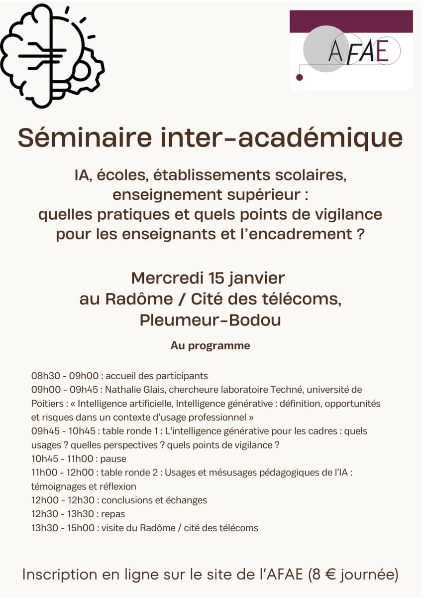 L'AFAE Nantes-Rennes vous convie à une séminaire le 15 janvier 2025 au Radôme à Pleumeur-Bodou (22)

Informations et inscription : afae.fr/la-vie-en-acad…