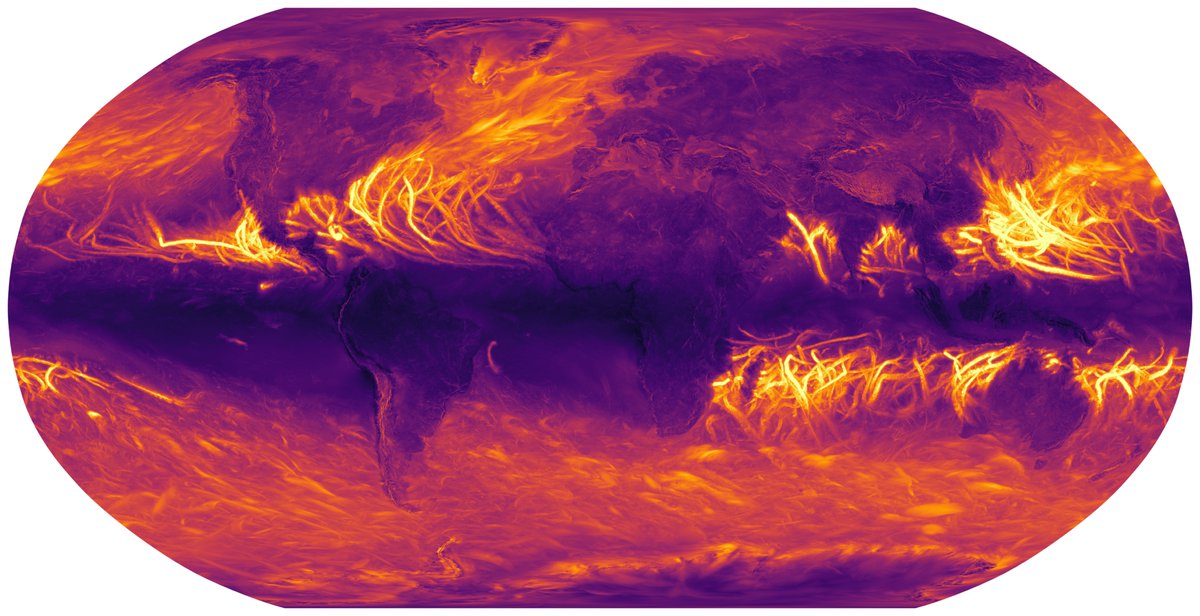AengenheysterM's tweet image. Land, mountains and tracks of storms are revealed from maximum wind gust speed over a 44 year-long atmosphere simulation at 9km resolution done at @ECMWF for @EERIE_Project #EERIE
#30daymapchallenge